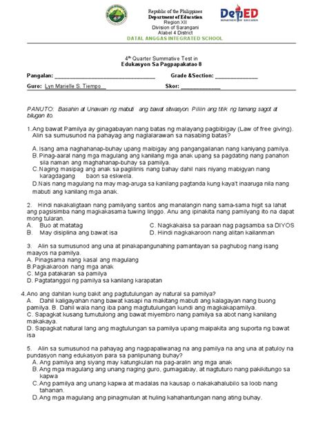 Image result for Answer Key Grade 8 ESP