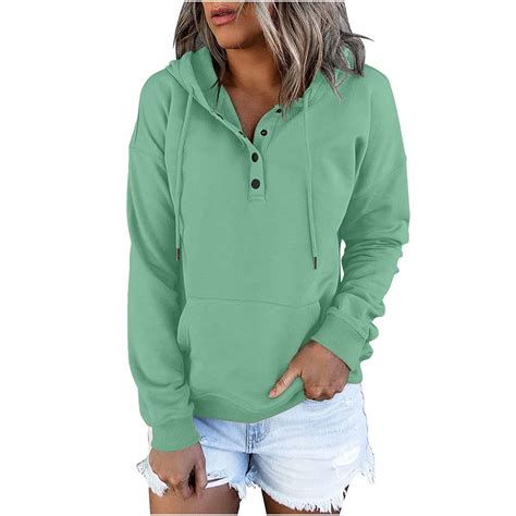 Henley Neck Womens Hoodies Button Drawstring Pullovers Casual Long ...