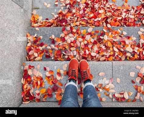 Top view on feet in red leather shoes. Woman is standing on stone ...