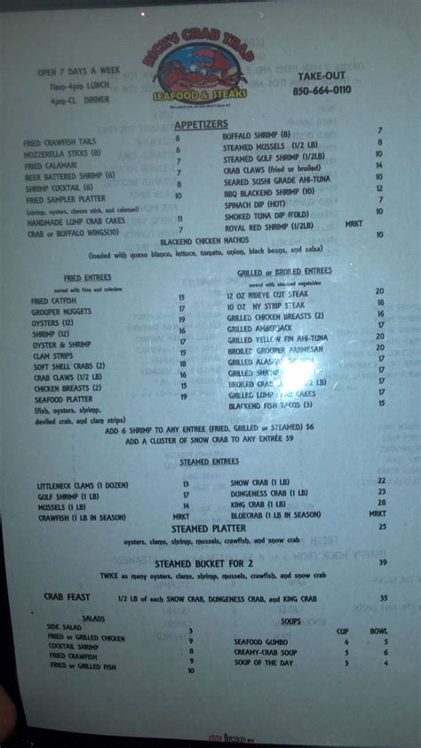 Menu at Rick's Crab Trap pub & bar, Fort Walton Beach, 178 Eglin Pkwy NE