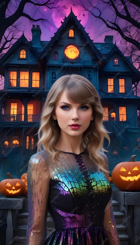 Taylor Swift in a halloween costume stands in front of a haunted house ...
