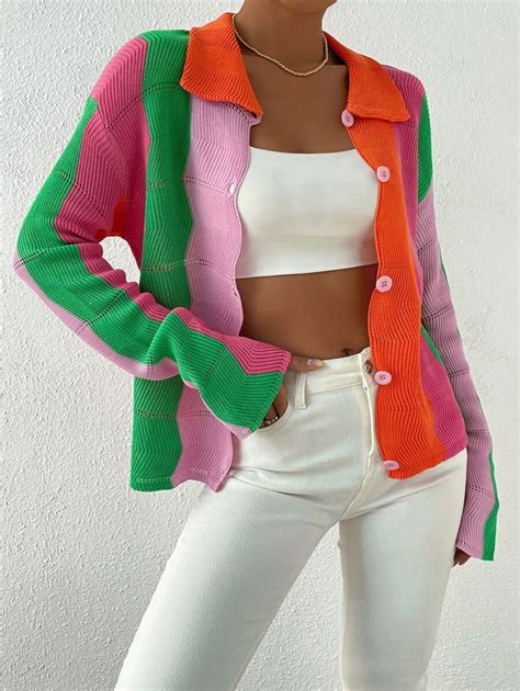 SHEIN EZwear Color Block Eyelet Detail Drop Shoulder Cardigan | SHEIN USA