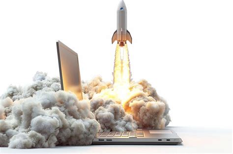 A cute 3d of wide view laptop with a rocket taking off from screen on ...