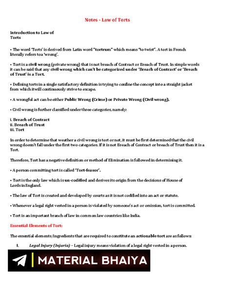 Law of Torts - Comprehensive Study Notes for Legal Course - Studocu