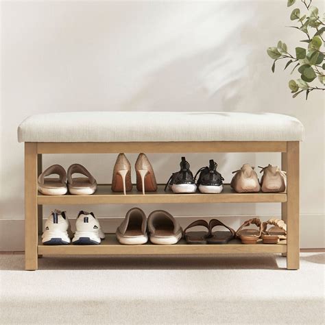 Space-Saving Solid Wood Shoe Bench with Dual Shelves and Comfortable U ...