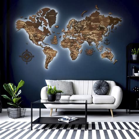 Wooden World Map Wall Decor, Large Wall Art, Gift for Husband, LED Wood ...