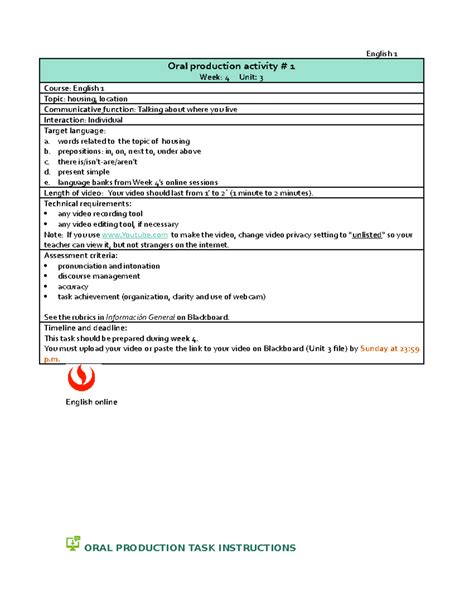 E1 OPA # 1 UNIT 3 - NINGUNA - English 1 Oral production activity # 1 ...