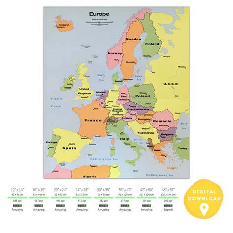 Digital Political Map of Europe 1970s, Printable European Map, Europe Map Poster, Countries of ...