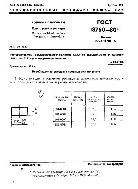 ГОСТ 18760-80 Ролики к прижимам. Конструкция и размеры