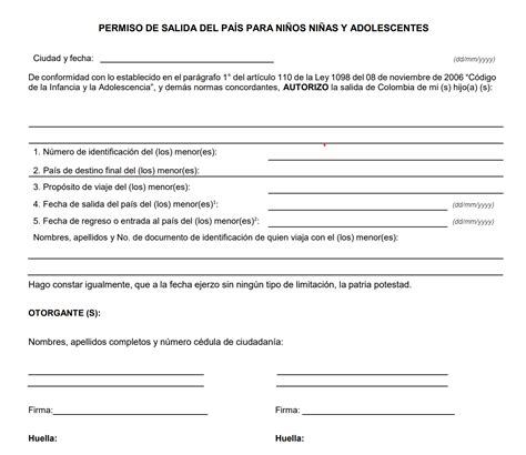 Modelo: Permiso de salida del país para niños, niñas y adolescentes