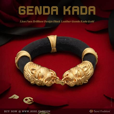 Lion Face - Brilliant Design Blackleather Genda Kada Gold Plated ...