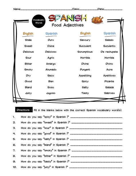 Spanish Food Adjectives Vocabulary Word List Worksheet & Answer Key ...