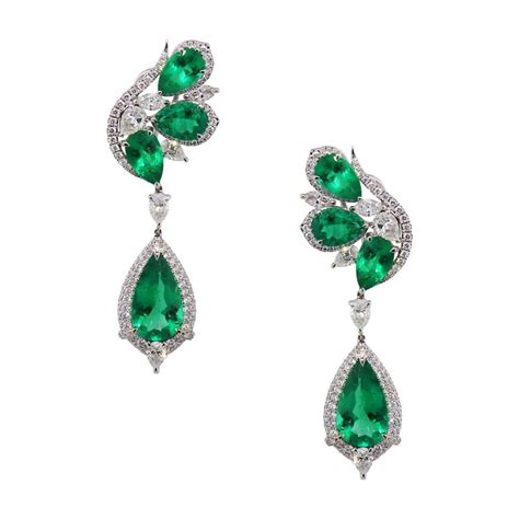 Carved Emerald Diamond Gold Drop Earrings For Sale at 1stDibs