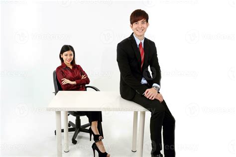 Young attractive man woman business office white background sit on ...