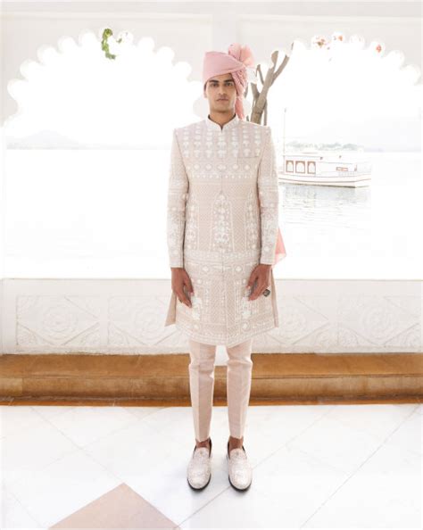 Buy Designer White Raw Silk Men Sherwani Set