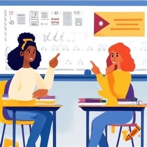 Create an illustration of two college classmates in a classroom talking ...