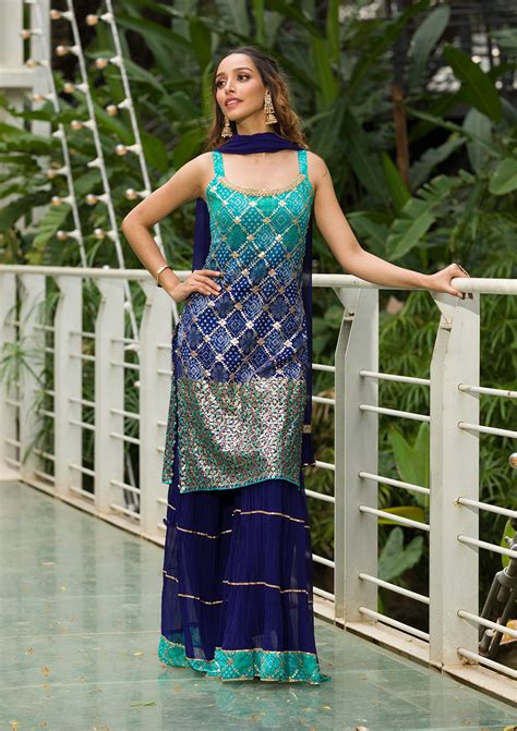 Buy Sea Green Sequins Georgette Readymade Sharara Suit - Koskii