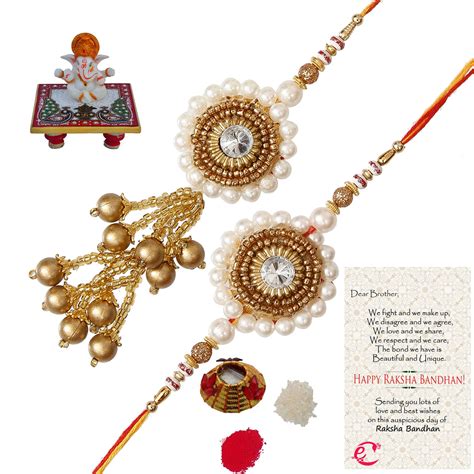 Designer Bhaiya Bhabhi Rakhi with Lord Ganesha Marble Chowki and Roli ...