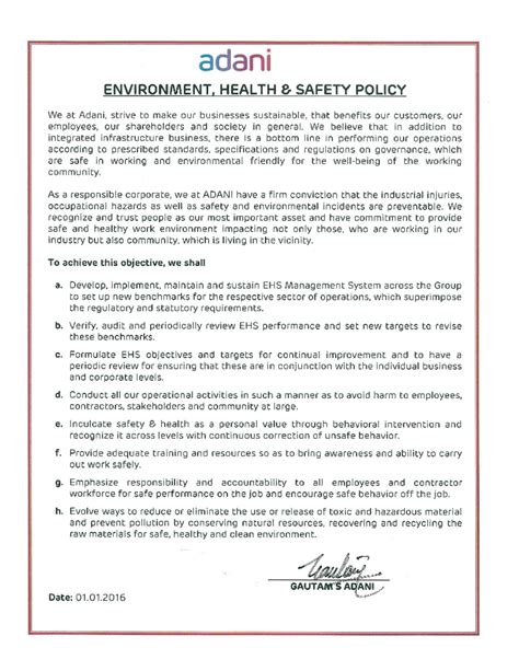 Adani Group EHS Policy Overview and Implementation Strategies - Studocu