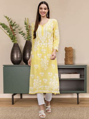 Buy Seva Chikan Hand Embroidered Yellow Modal Lucknowi Chikankari Kurta ...