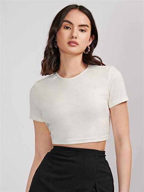 SHEIN Essnce Recycled Polyester Solid Rib Knit Crop Tee | SHEIN USA