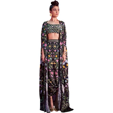 Embroidered Crop Top with Cape & Draped Skirt – Limerick by Abirr n' Nanki