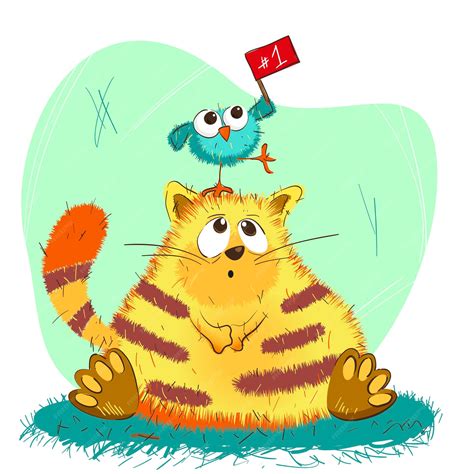Cute vector illustration of a chubby cat sitting and a little bird on ...