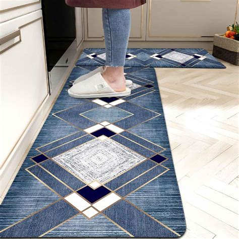 Amazon.com: Blue Kitchen Rugs Mats Set of 2 Navy Grey Geometric Gold ...