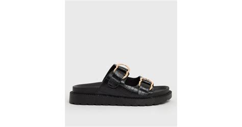 Black Faux Croc Double Buckle Chunky Sliders | New Look