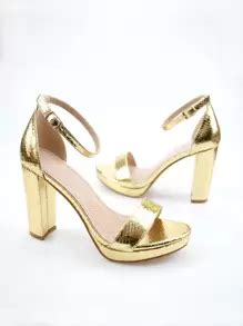 Women Snakeskin Embossed Chunky Heeled Sandals, Glamorous Gold Ankle ...