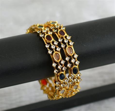 Antique gold tone cz multicolor oval stone bangles(2.6) dj-49138 ...
