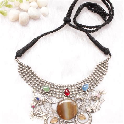 Birds and Leaf Motifs Multi-Color Gemstones Embedded Silver Finish Adj ...