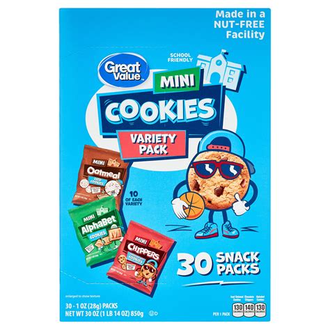 Great Value Mini Alphabet, Chippers & Oatmeal Cookies Variety Pack, 30 ...