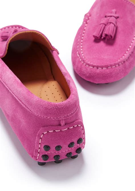 Women's Tasselled Driving Loafers, pink suede - Hugs & Co.