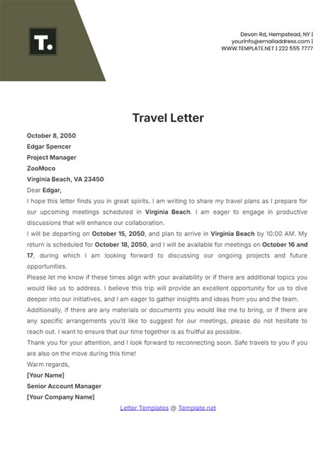 Free Travel Letter Template to Edit Online