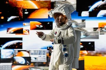 Young male cosmonaut drifting in zero gravity during a space walk ...