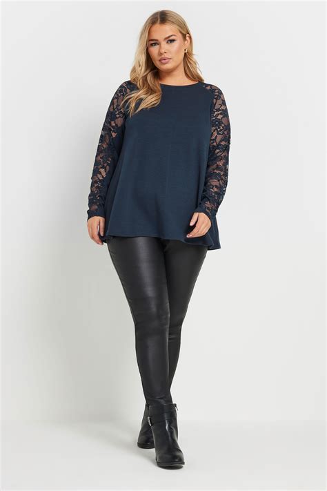 YOURS Plus Size Navy Blue Lace Long Sleeve Top | Yours Clothing