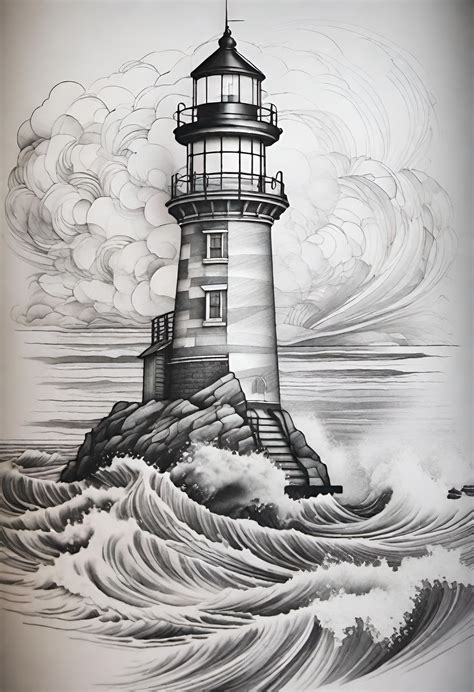 Lighthouse Drawing on a Rock in the Ocean