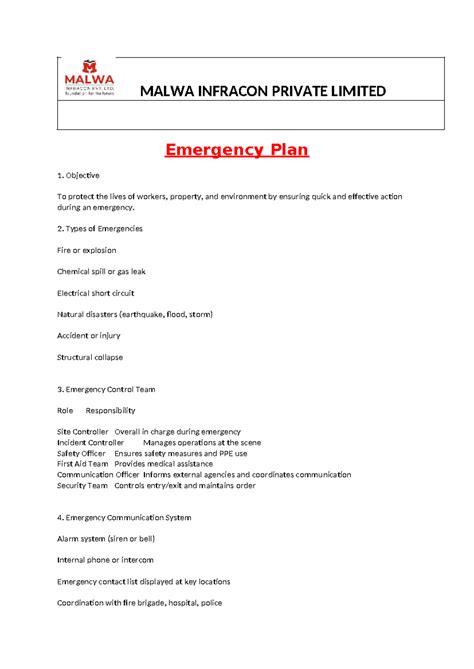 MALWA INFRACON PRIVATE LIMITED Emergency Plan Overview - Studocu