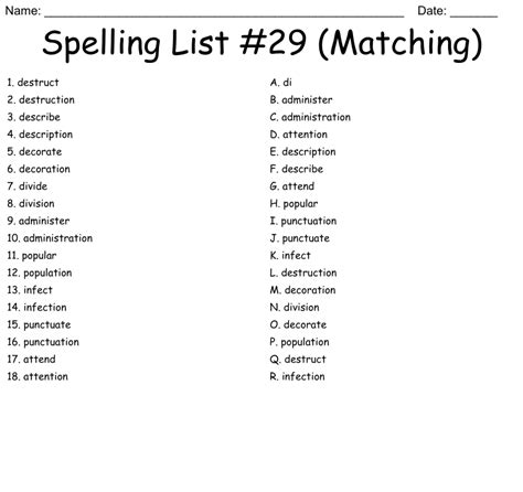 Spelling List #29 (Matching) Worksheet - WordMint