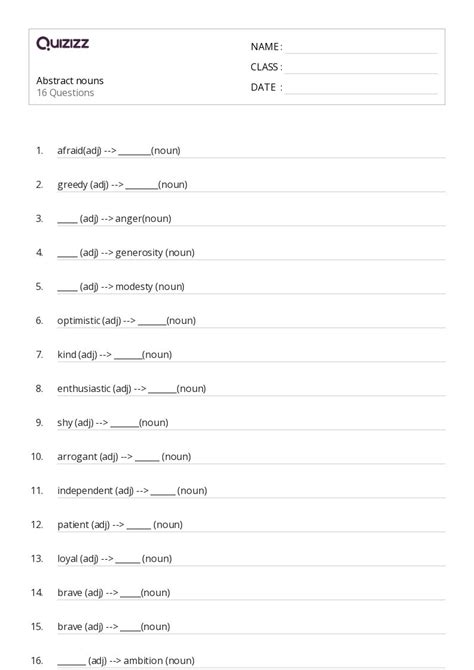 50+ Abstract Nouns worksheets for 7th Class on Quizizz | Free & Printable