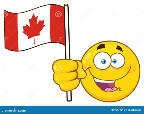 Patriotic Yellow Cartoon Emoji Face Character Waving an Canadian Flag ...
