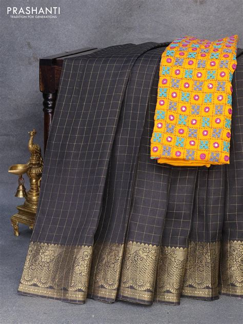 Dola silk saree black and yellow with zari checked pattern and zari wo ...