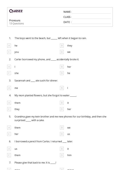50+ Pronouns worksheets for 6th Class on Quizizz | Free & Printable