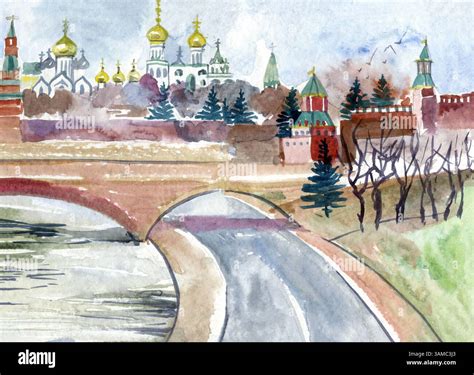 Buildings view of Moscow, Capital of Russia. Moscow Kremlin. Watercolor splash with hand drawn ... - capital of russia