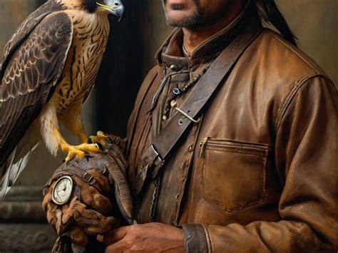 Man holding a falcon, in the centre of a group of people