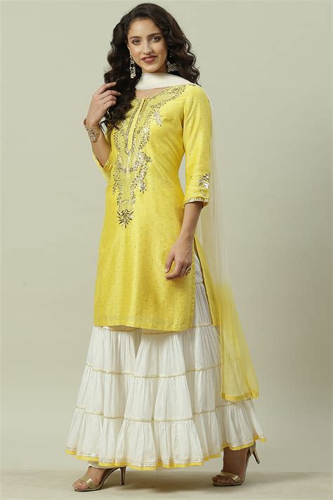 Yellow And White Cotton Silk Straight Kurta Garara Suit Set