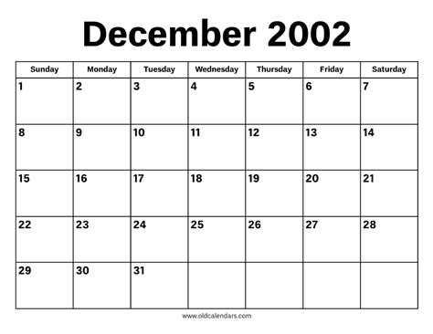 December 2002 Calendar - Printable Old Calendars