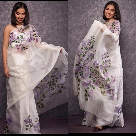 Off White Pure Digital Print Organza Sarees – Dailybuyys