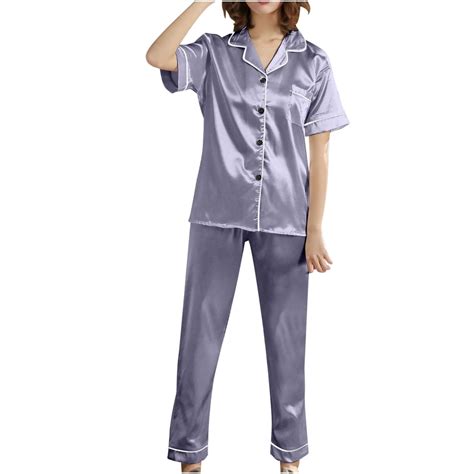 Aueoeo Womens Satin Silky Pajama Set Short Sleeve Shirt with Long ...